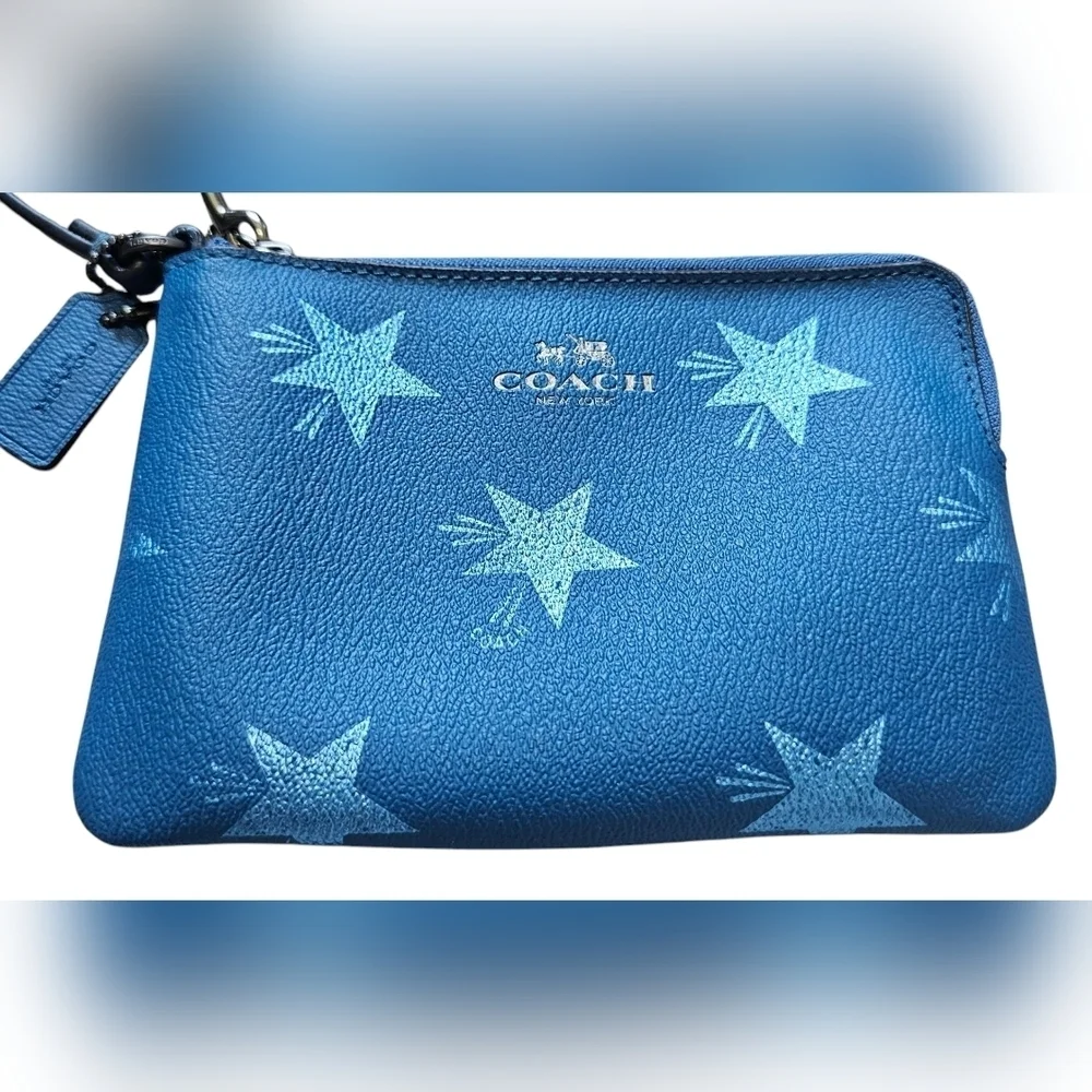 Coach Corner Zip Wristlet, Star Printed Canvas In Slat Blue. New Without Tags